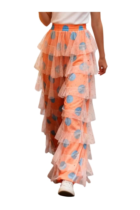 Women'S Long Tiered Ruffled Tulle Pants High Waist Stripe Print Wide Leg Palazzo Pants for Club Party Orange M