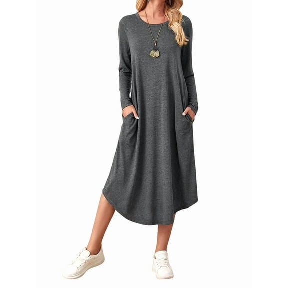Women'S Loose Casual Round Neck Long Sleeve Dress Midi Slant Pocket Curved Hem Dress Dark Grey M