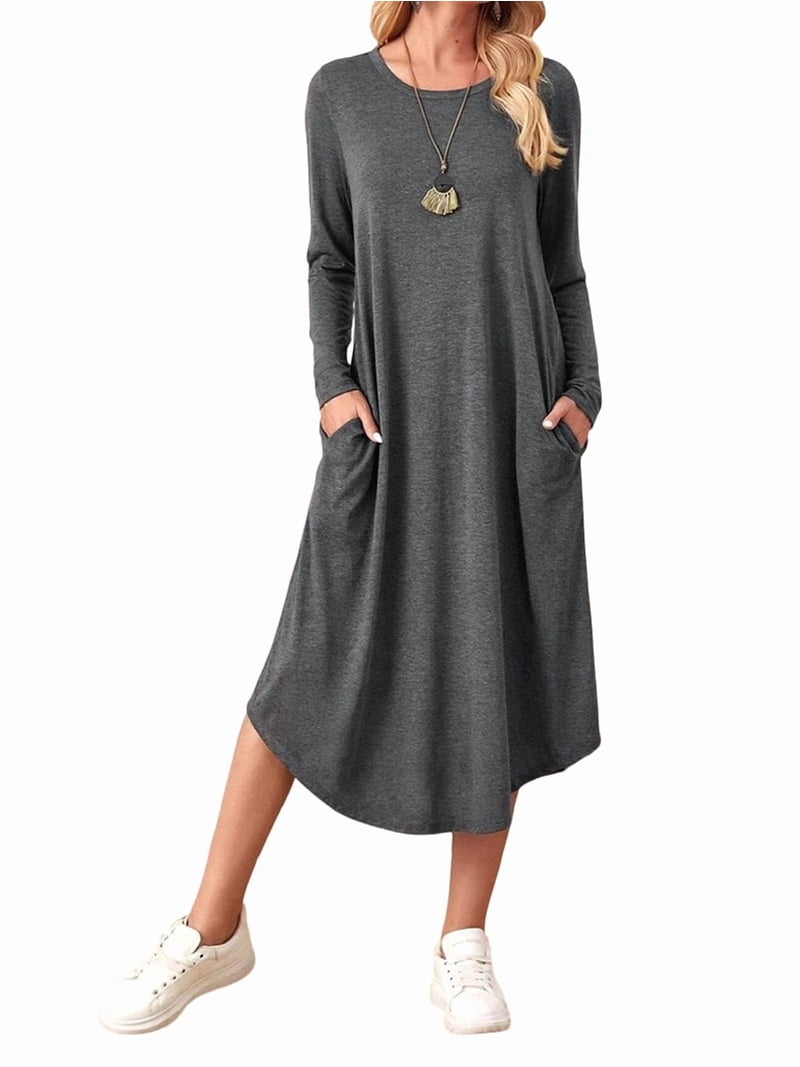 Women'S Loose Casual Round Neck Long Sleeve Dress Midi Slant Pocket Curved Hem Dress Black XL