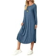 thumbnail image 1 of Women'S Loose Casual Round Neck Long Sleeve Dress Midi Slant Pocket Curved Hem Dress Navy Blue XL, 1 of 9