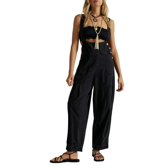 Women'S Loose Casual Side Sleeveless Denim Adjustable Romper Jumpsuit with Pockets Black L