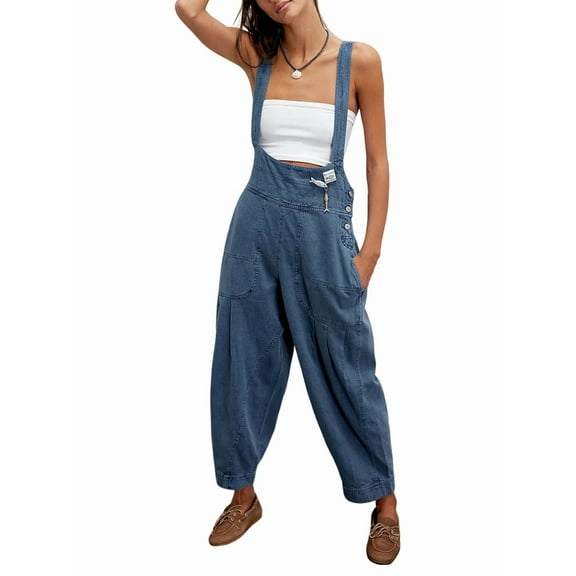 Women'S Loose Casual Side Sleeveless Denim Adjustable Romper Jumpsuit with Pockets Denim Blue L