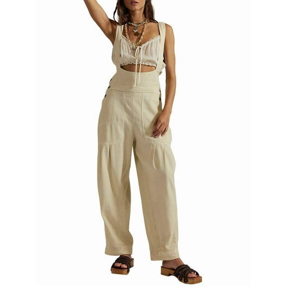 Women'S Loose Casual Side Sleeveless Denim Adjustable Romper Jumpsuit with Pockets  White S