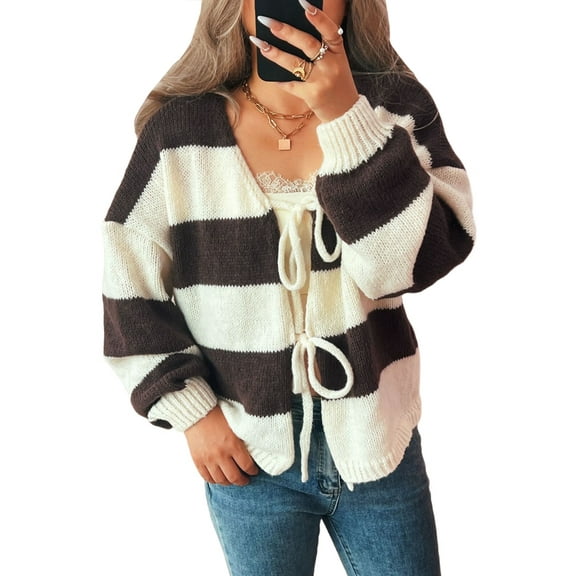 Women'S Loose Casual V-Neck Long-Sleeved Sweater Jacket Striped Contrast Lace-Up Knitted Cardigan Brown L