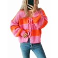 thumbnail image 1 of Women'S Loose Casual V-Neck Long-Sleeved Sweater Jacket Striped Contrast Lace-Up Knitted Cardigan Orange M, 1 of 9