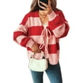 thumbnail image 1 of Women'S Loose Casual V-Neck Long-Sleeved Sweater Jacket Striped Contrast Lace-Up Knitted Cardigan Red XL, 1 of 9