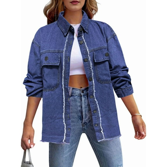 Women'S Loose Denim Jacket Street Washed Vintage Lapel Jacket Top Casual Loose Long Sleeve Denim Jacket Blue L