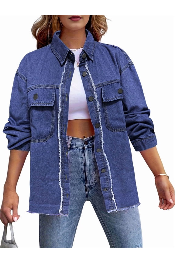 Women'S Loose Denim Jacket Street Washed Vintage Lapel Jacket Top Casual Loose Long Sleeve Denim Jacket Blue M