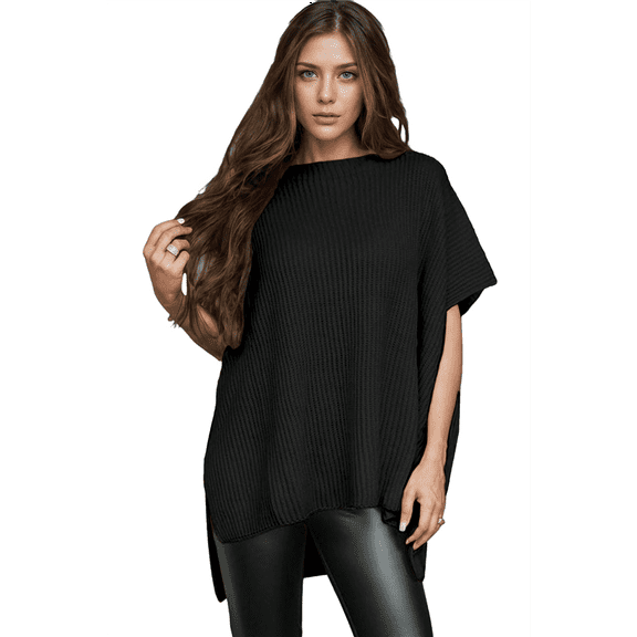 Women'S Loose Dropped Shoulder Short Sleeve Pullover Sweater Black L