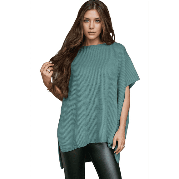Women'S Loose Dropped Shoulder Short Sleeve Pullover Sweater Blue L