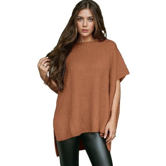 Women'S Loose Dropped Shoulder Short Sleeve Pullover Sweater Camel M