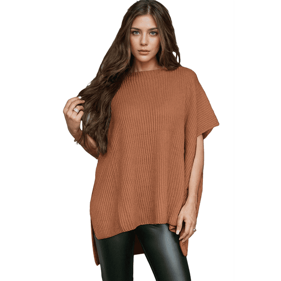 Women'S Loose Dropped Shoulder Short Sleeve Pullover Sweater Camel S