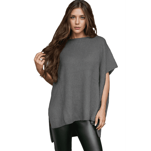 Women'S Loose Dropped Shoulder Short Sleeve Pullover Sweater Gray M
