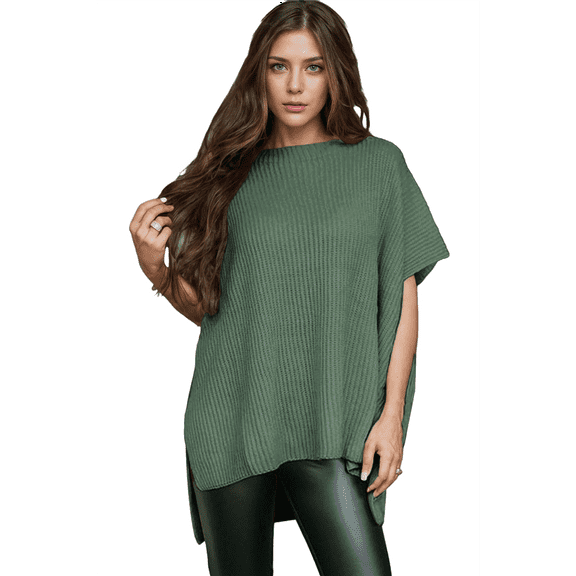 Women'S Loose Dropped Shoulder Short Sleeve Pullover Sweater Green L