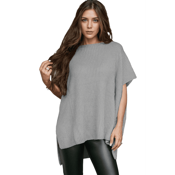 Women'S Loose Dropped Shoulder Short Sleeve Pullover Sweater Light Gray XL