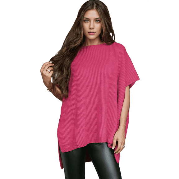 Women'S Loose Dropped Shoulder Short Sleeve Pullover Sweater Rose Red L