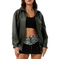 thumbnail image 1 of Women'S Loose Fashion Long Sleeve Lapel Oversized Faux Leather Jacket with Zipper Spring Fall Clothing Army Green M, 1 of 9
