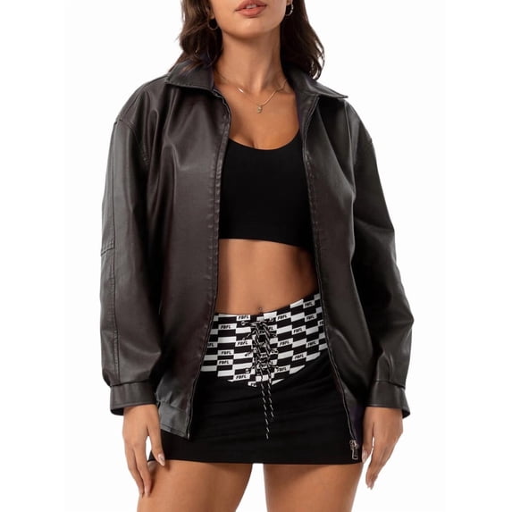 Women'S Loose Fashion Long Sleeve Lapel Oversized Faux Leather Jacket with Zipper Spring Fall Clothing Coffee M