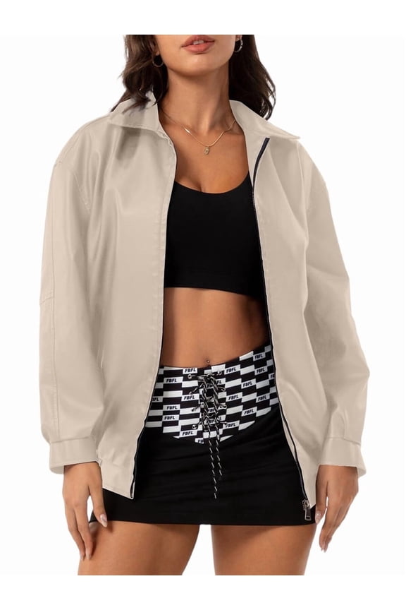 Women'S Loose Fashion Long Sleeve Lapel Oversized Faux Leather Jacket with Zipper Spring Fall Clothing Cream White M
