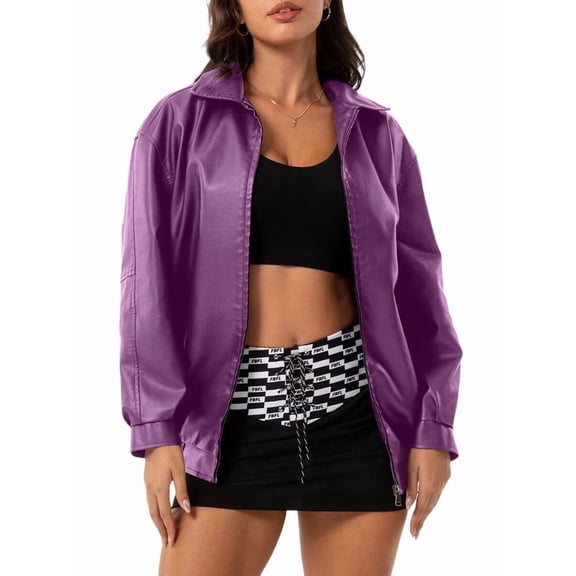 Women'S Loose Fashion Long Sleeve Lapel Oversized Faux Leather Jacket with Zipper Spring Fall Clothing Purple XL