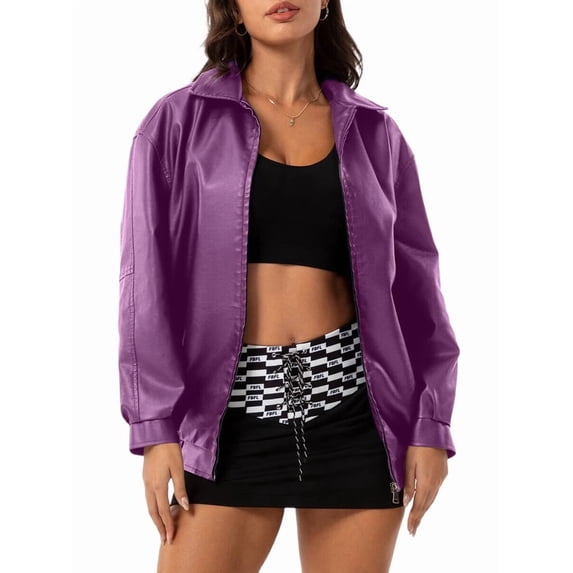 Women'S Loose Fashion Long Sleeve Lapel Oversized Faux Leather Jacket with Zipper Spring Fall Clothing Purple XXL
