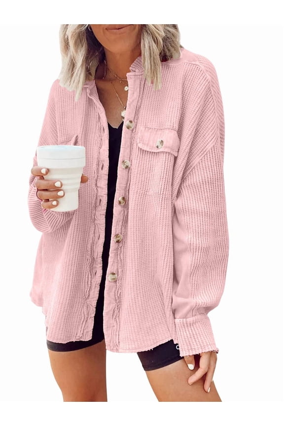 Women'S Loose Fit Batwing Sleeve Waffle Knit Button Down Shirt Shacket Tops Pink XL