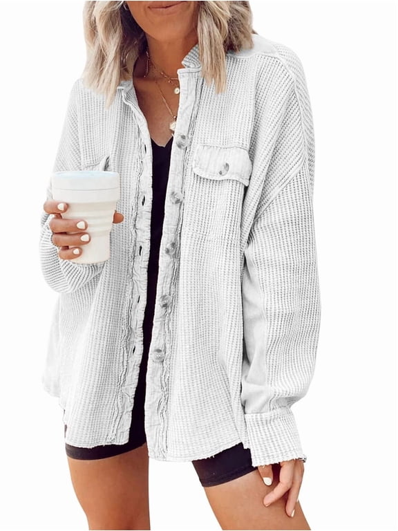 Women'S Loose Fit Batwing Sleeve Waffle Knit Button Down Shirt Shacket Tops White L