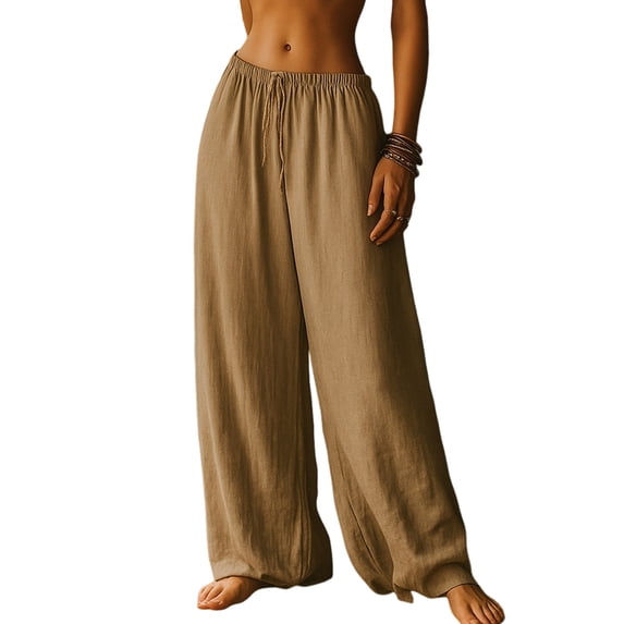 Women'S Loose Fit Solid Color Elastic Waist Pocket Straight Leg Casual Pants Khaki XXL