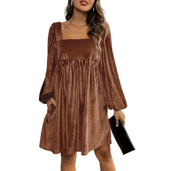 Women'S Loose Fit Square Neck Long Sleeve Velvet Mini Babydoll Dresses Shift Dress Brown M