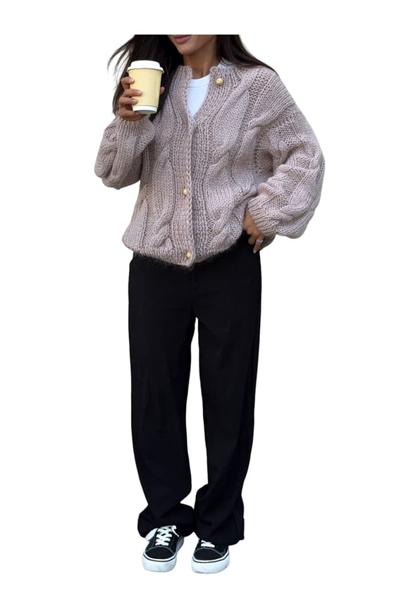 Women'S Loose Fit Sweater Solid Color O-Neck Long Sleeve Single Breasted Knitted Pullover Autumn Winter Pink One Size