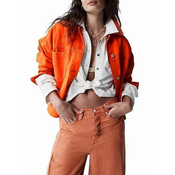 Women'S Loose Lapel Long-Sleeved Denim Jacket Orange Red S