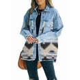 thumbnail image 1 of Women'S Loose Lapel Long-Sleeved Denim Patchwork Jacket Retro Raw Edge Mid-Length Jacket Blue L, 1 of 7