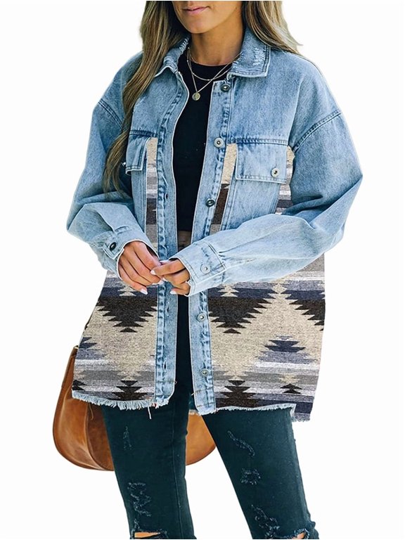 Women'S Loose Lapel Long-Sleeved Denim Patchwork Jacket Retro Raw Edge Mid-Length Jacket Blue S