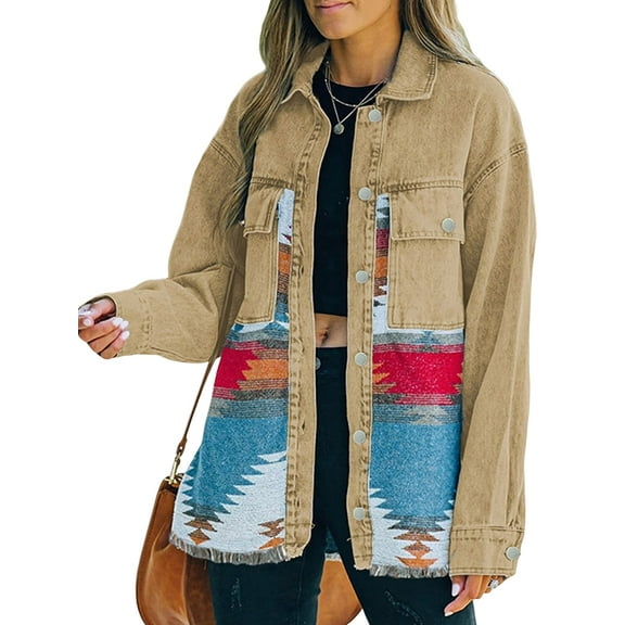 Women'S Loose Lapel Long-Sleeved Denim Patchwork Jacket Retro Raw Edge Mid-Length Jacket Khaki M