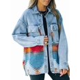 thumbnail image 1 of Women'S Loose Lapel Long-Sleeved Denim Patchwork Jacket Retro Raw Edge Mid-Length Jacket Orange M, 1 of 7