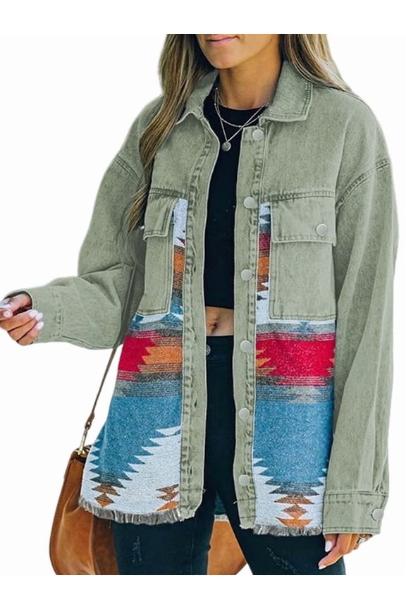 Women'S Loose Lapel Long-Sleeved Denim Patchwork Jacket Retro Raw Edge Mid-Length Jacket Retro Green S