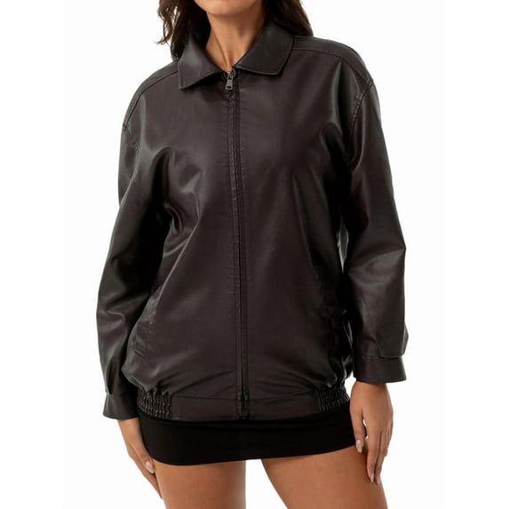 Women'S Loose Leather Oversized Long Sleeved Lapel Jackets 2025 Fall Fashion Outfits Winter Clothes Coffee Color XXL