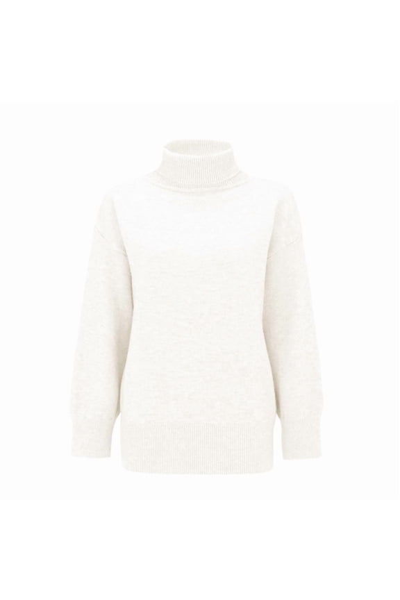 Women'S Loose Long-Sleeved Solid Color Sweater Classic Autumn and Winter Sweater White M