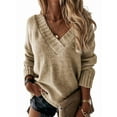 thumbnail image 1 of Women'S Loose Sweater V Neck Long Sleeve Shirt Casual Autumn and Winter Tops Khaki M, 1 of 6