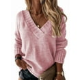thumbnail image 1 of Women'S Loose Sweater V Neck Long Sleeve Shirt Casual Autumn and Winter Tops Pink M, 1 of 7
