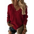 thumbnail image 1 of Women'S Loose Sweater V Neck Long Sleeve Shirt Casual Autumn and Winter Tops Wine Red L, 1 of 8