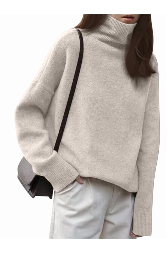 Women'S Loose Turtle Neck Long Sleeve Pullover Sweater Autumn and Winter Knitted Pullover Top Beige One size