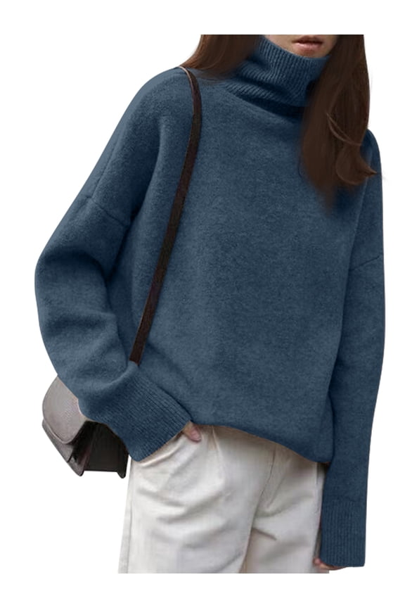 Women'S Loose Turtle Neck Long Sleeve Pullover Sweater Autumn and Winter Knitted Pullover Top Blue One size