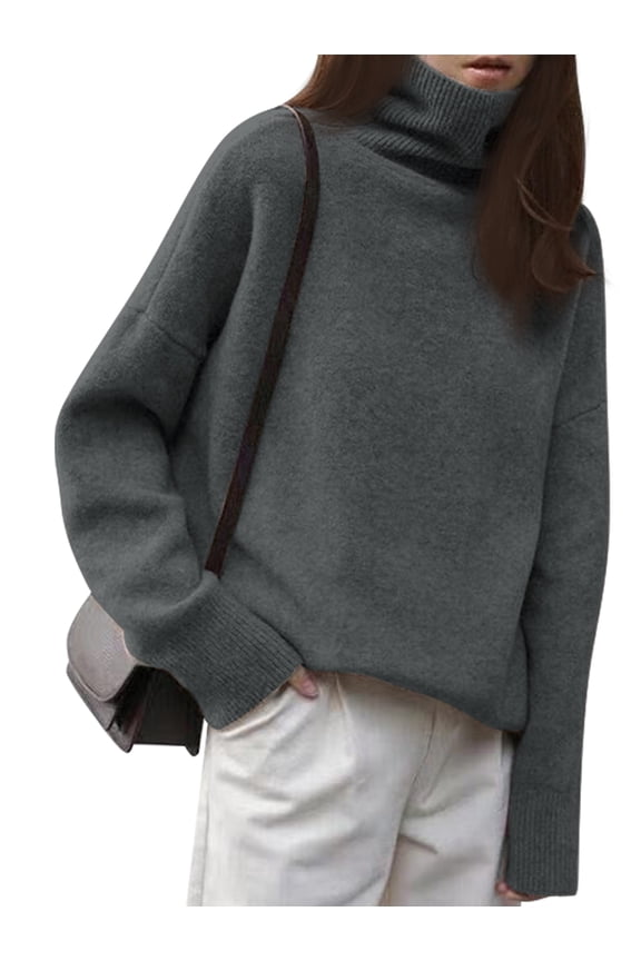 Women'S Loose Turtle Neck Long Sleeve Pullover Sweater Autumn and Winter Knitted Pullover Top Grey One Size