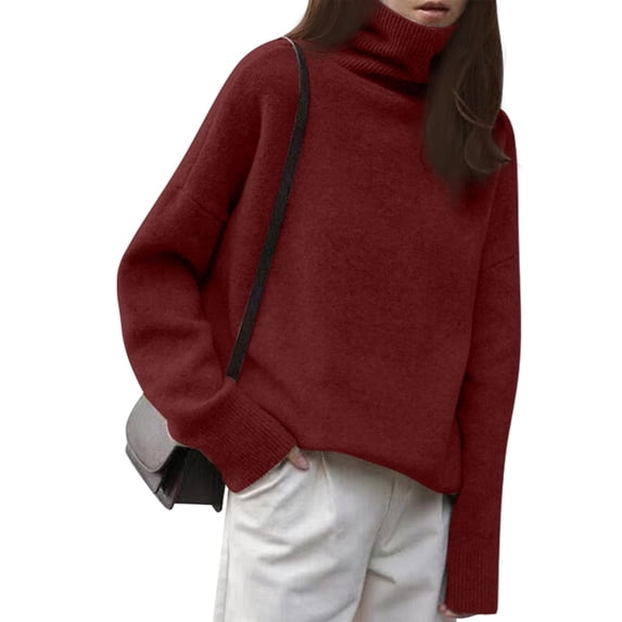 Women'S Loose Turtle Neck Long Sleeve Pullover Sweater Autumn and Winter Knitted Pullover Top Red One size