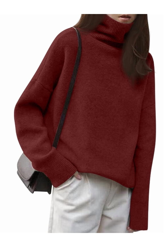 Women'S Loose Turtle Neck Long Sleeve Pullover Sweater Autumn and Winter Knitted Pullover Top  Size
