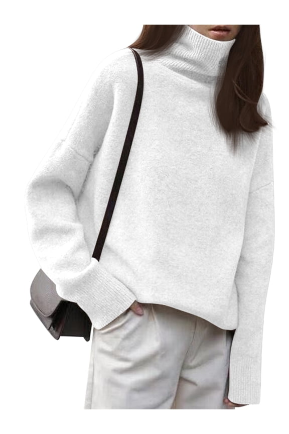 Women'S Loose Turtle Neck Long Sleeve Pullover Sweater Autumn and Winter Knitted Pullover Top White One size