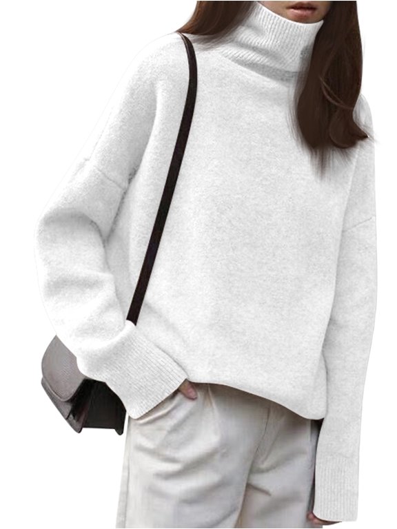 Women'S Loose Turtle Neck Long Sleeve Pullover Sweater Autumn and Winter Knitted Pullover Top White One size
