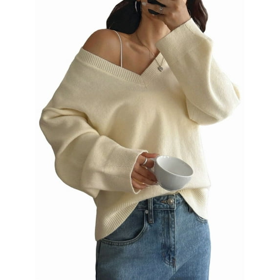 Women'S Loose V-Neck Long Sleeve Soft Ribbed Knit Pullover Top Solid Color Comfortable Casual Sweater Light Yellow L
