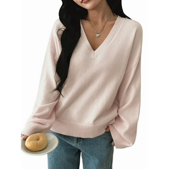 Women'S Loose V-Neck Long Sleeve Soft Ribbed Knit Pullover Top Solid Color Comfortable Casual Sweater White S